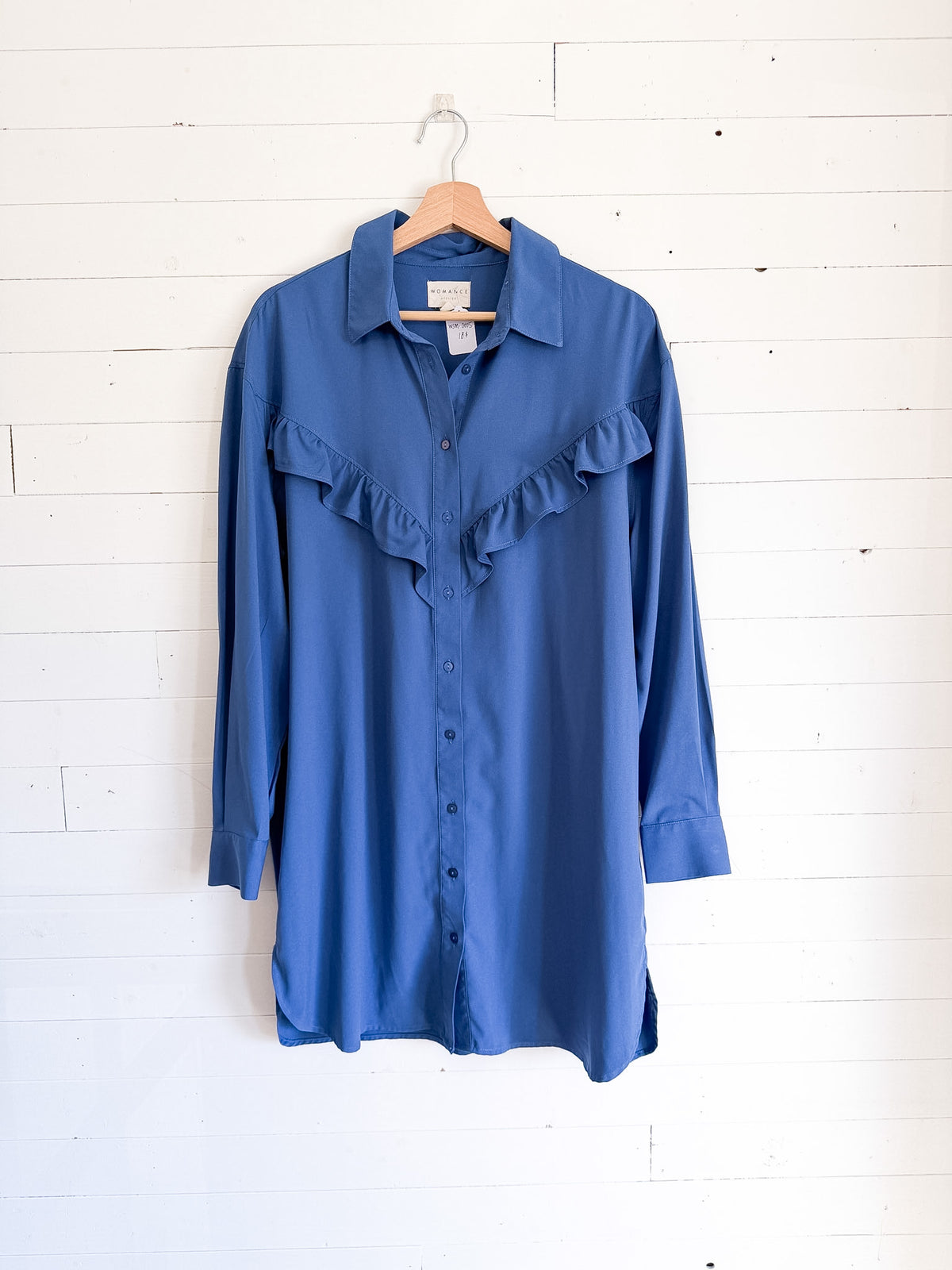 Womance - Robe chemise à manches longues bleue – seconde main